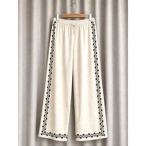 Nobody's Child Oatmeal Black Floral Embroidered Wide Leg Pull On Shona Trousers